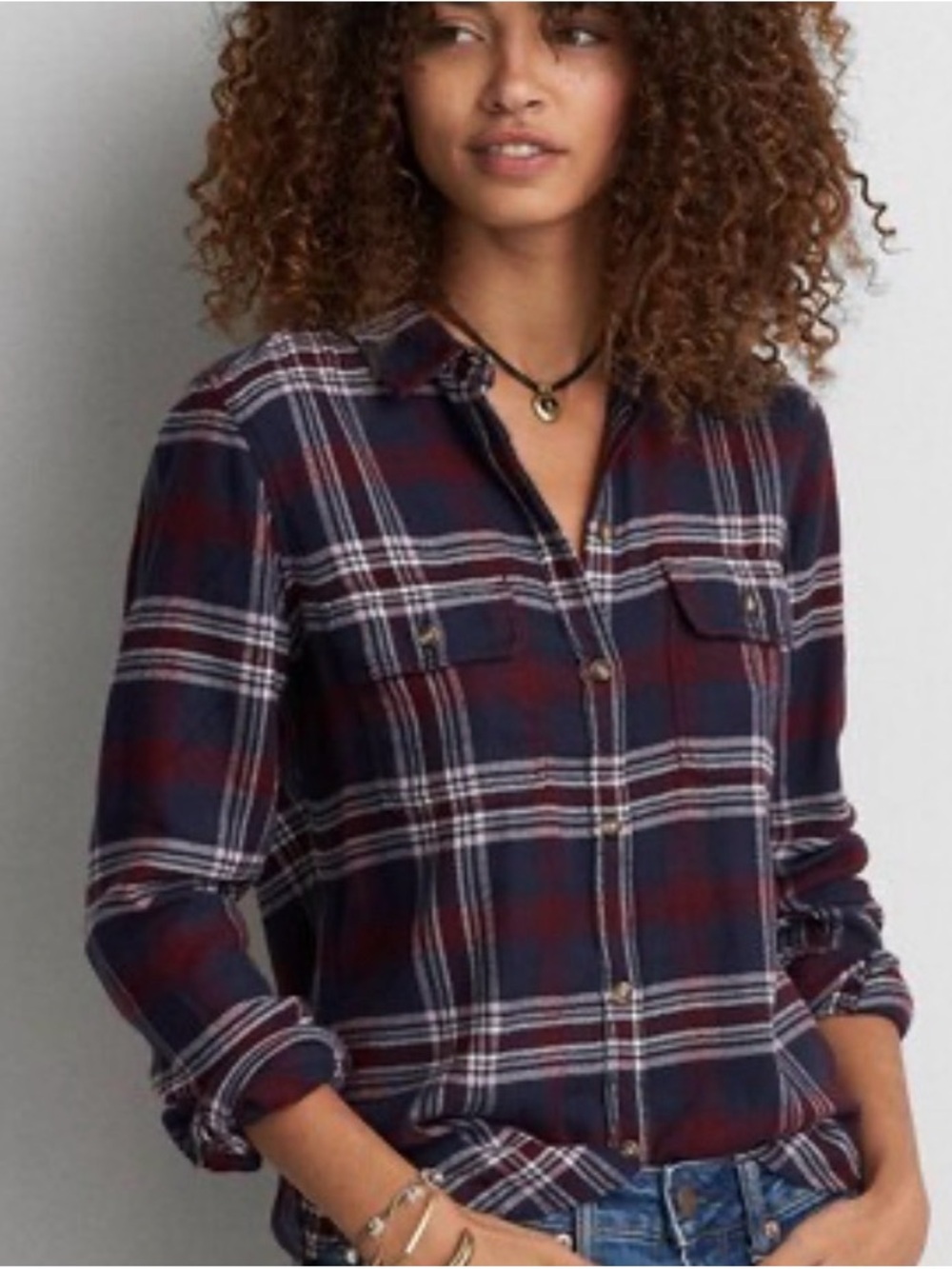 American Eagle Outfitters Navy & Burgundy Plaid Button-Down Slim Flannel Shirt